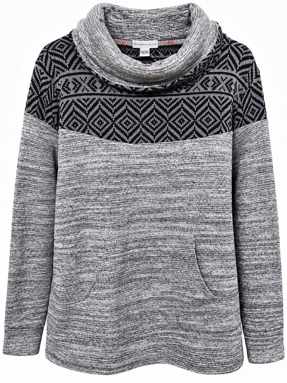 Warehouse One XL Grey Black Geometric Cowl Neck Pullover Sweater